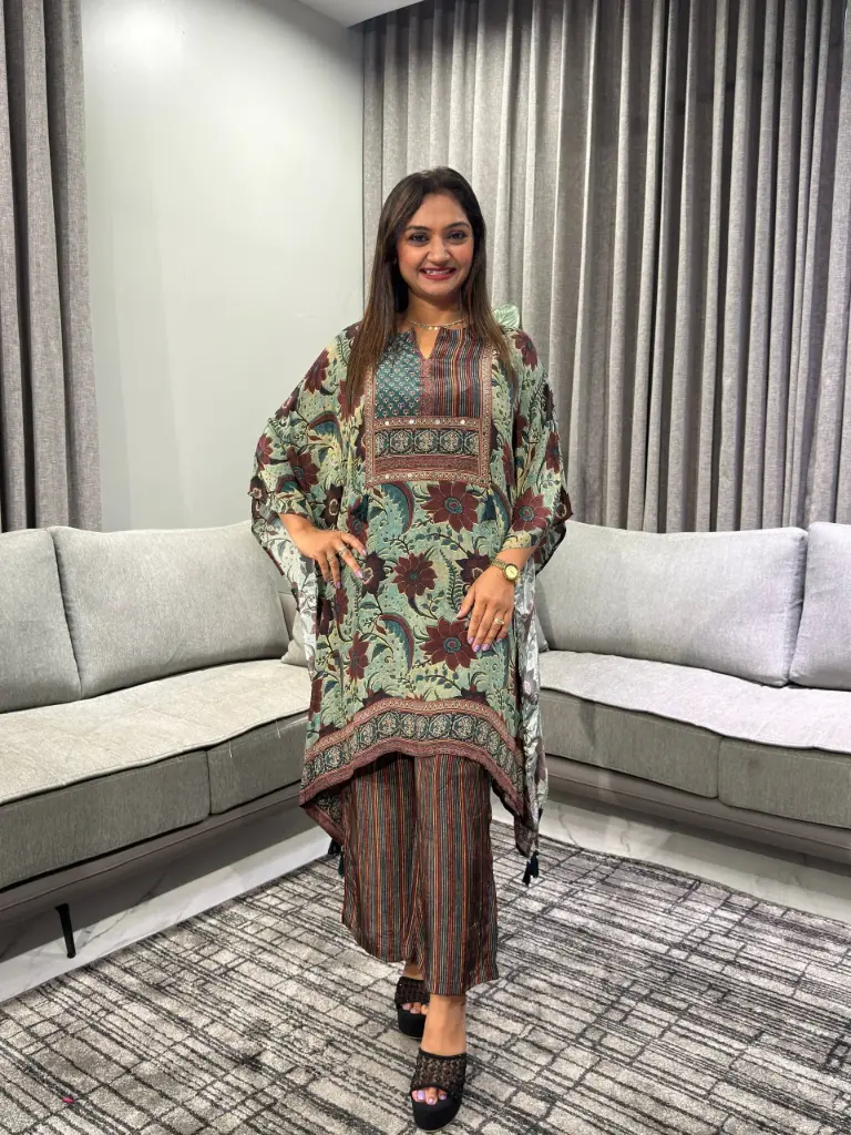 Teal Green Floral Printed Natural Crepe Kaftan Co-Ord Set