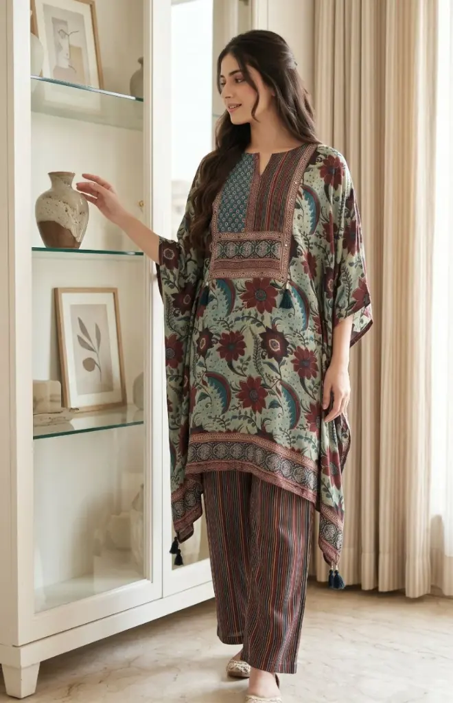 Teal Green Floral Printed Natural Crepe Kaftan Co-Ord Set
