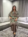 Teal Green Floral Printed Natural Crepe Kaftan Co-Ord Set