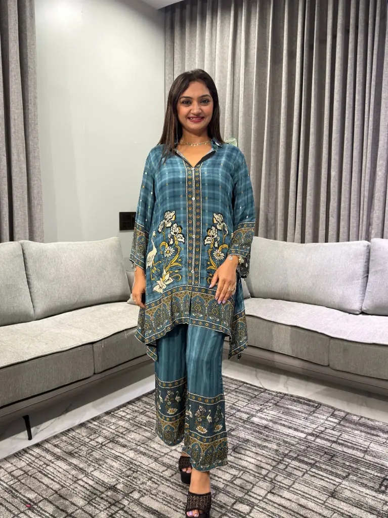 Teal Blue Floral & Crane Printed Natural Crepe Co-Ord Set
