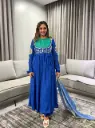 Royal Blue & Emerald Green Embroidered Mull Chanderi Anarkali Set