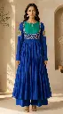 Royal Blue & Emerald Green Embroidered Mull Chanderi Anarkali Set