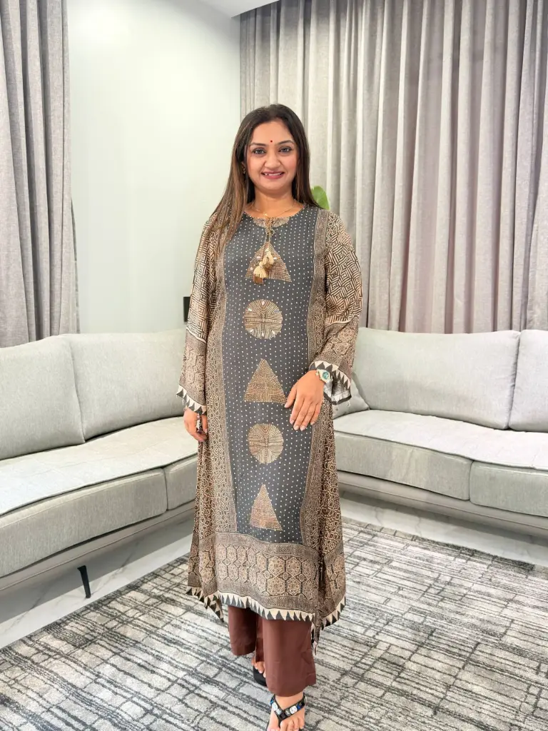 Charcoal & Chocolate Brown Ajrakh Printed Viscose Muslin Kurta Set