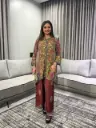 Olive Green & Maroon Floral Kalamkari Natural Crepe Co-Ord Set