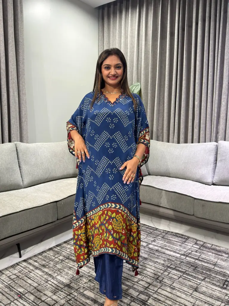 Indigo Blue Bandhani & Kalamkari Printed Natural Crepe Kaftan Set