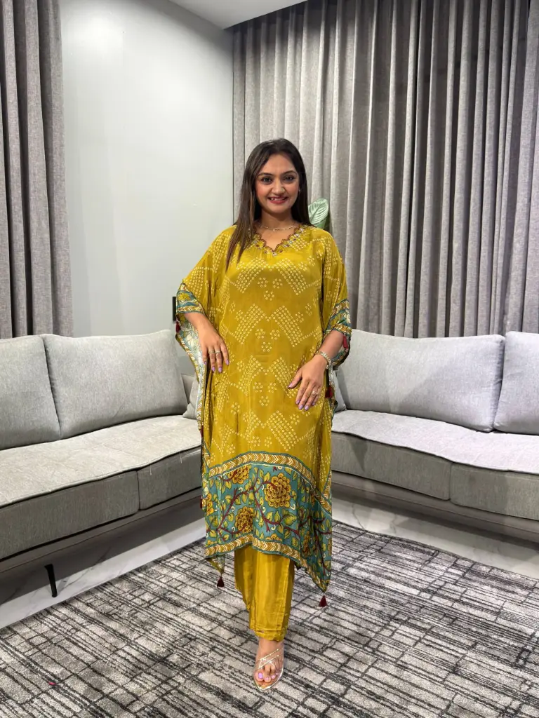 Mustard Yellow Bandhani & Kalamkari Printed Natural Crepe Kaftan Set
