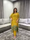 Mustard Yellow Bandhani & Kalamkari Printed Natural Crepe Kaftan Set
