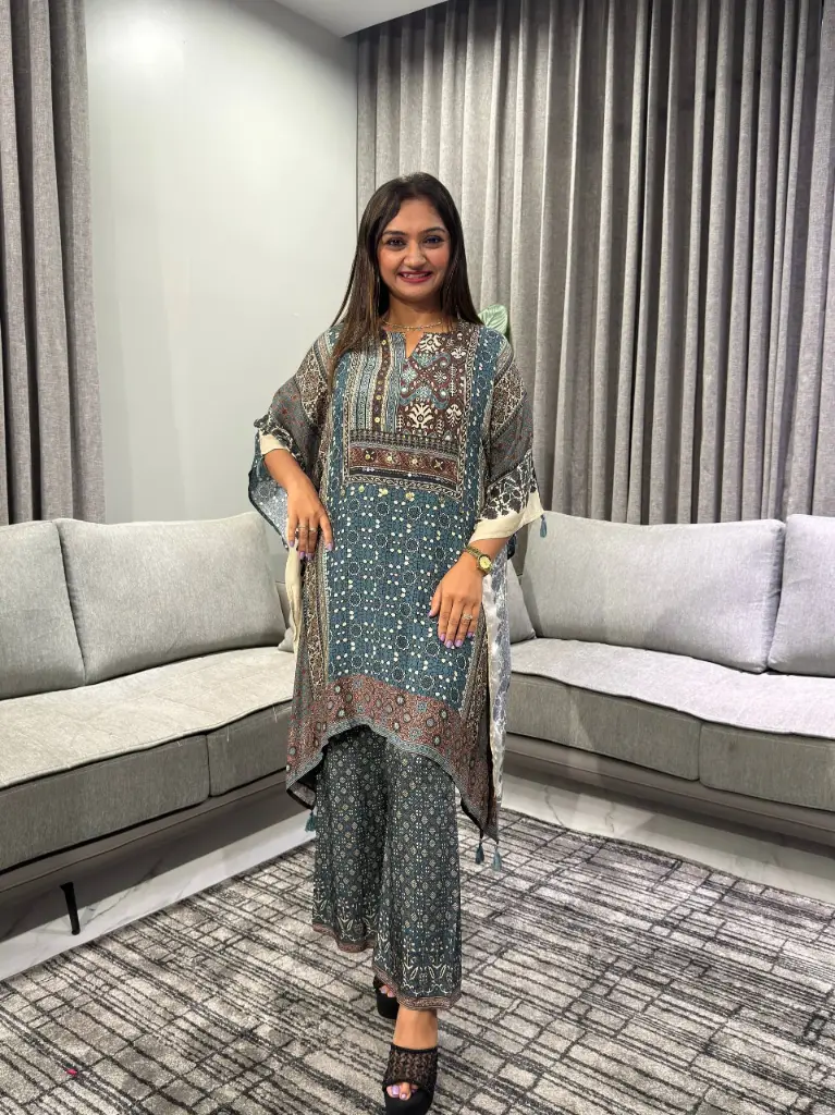 Slate Blue Ajrakh Printed Natural Crepe Kaftan Set