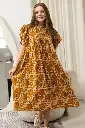 Mustard Yellow Floral Block Print Soft Cotton Midi Dress