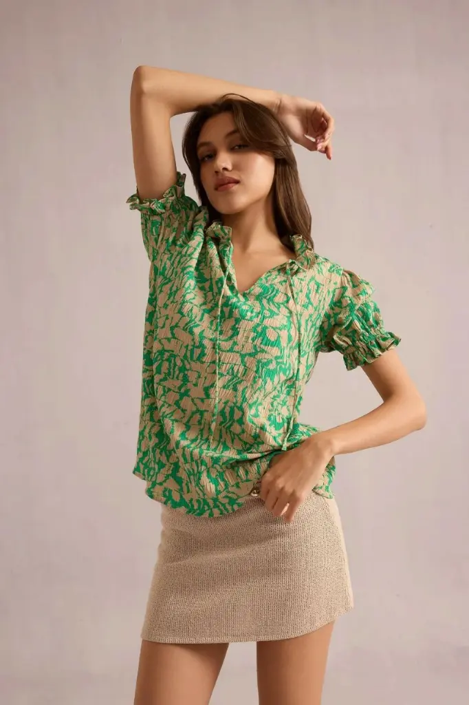 Emerald Green Abstract Floral Printed Imported Linen Top