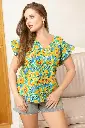 Vibrant Yellow & Blue Watercolor Floral Pure Cotton Top