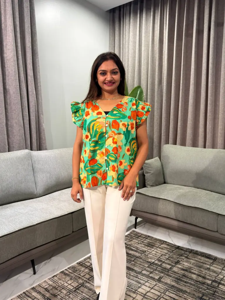Mint Green Floral Print Flutter Sleeve Rayon Top