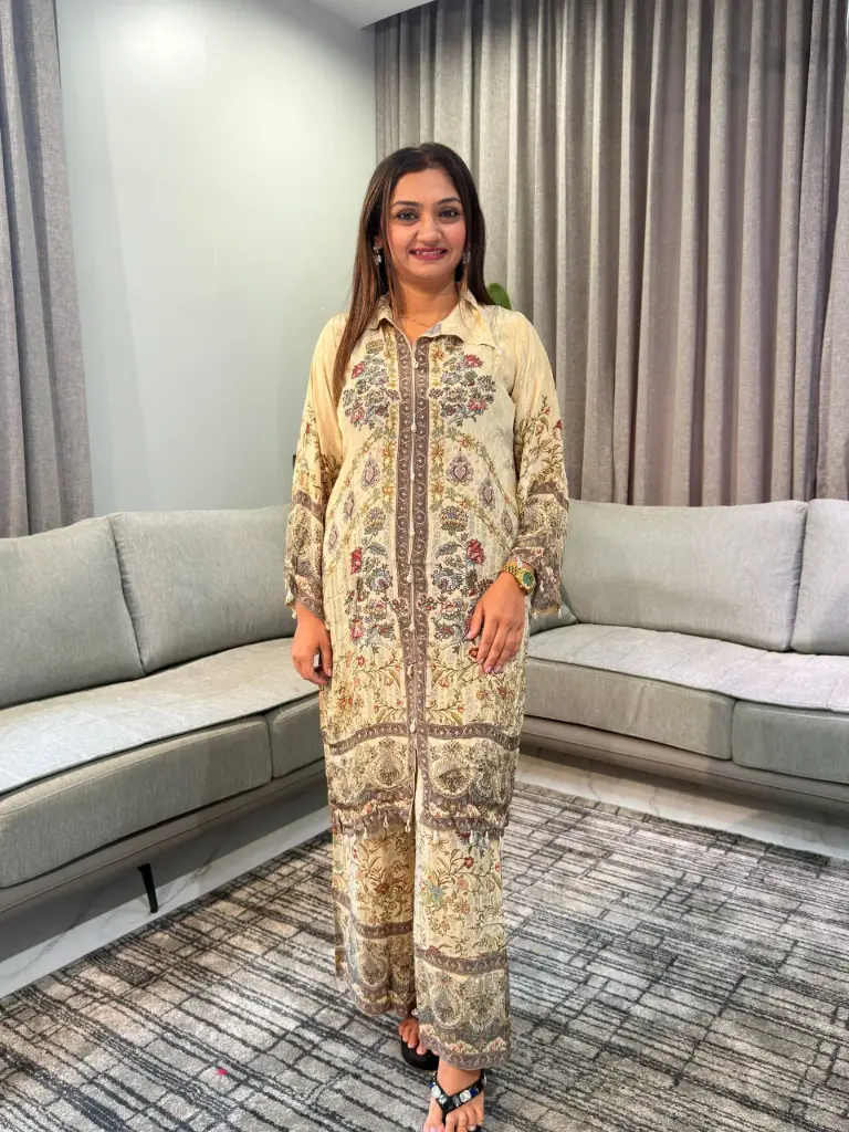 Beige Kalamkari Floral Natural Crepe Co-Ord Set with Cowrie Shell Accents