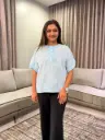 Sky Blue Floral Threadwork Free Size Linen Top