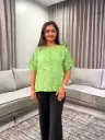 Parrot Green Floral Threadwork Free Size Linen Top