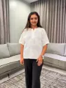 Pure White Floral Threadwork Free Size Linen Top