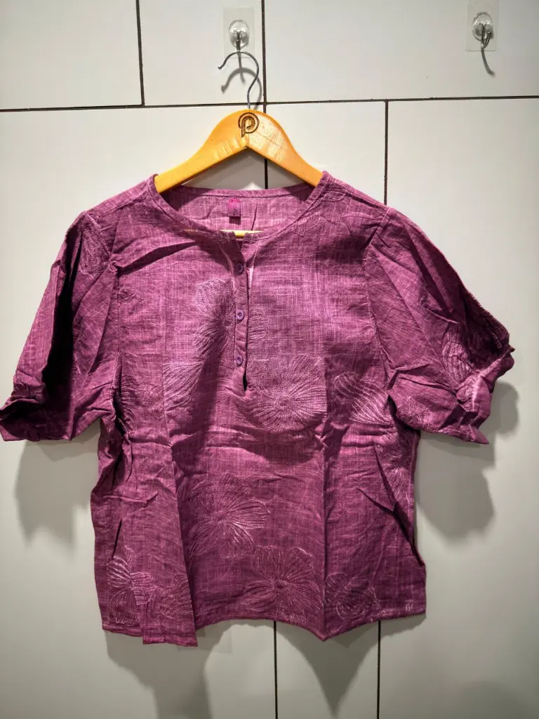 Mauve Purple Floral Threadwork Free Size Linen Top