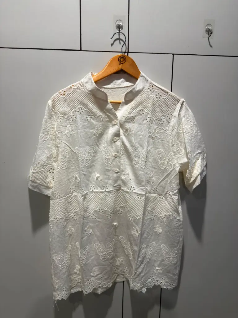 Off-White Butterfly Schiffli Embroidered Free Size Long Linen Top