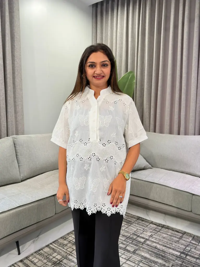 Off-White Butterfly Schiffli Embroidered Free Size Long Linen Top