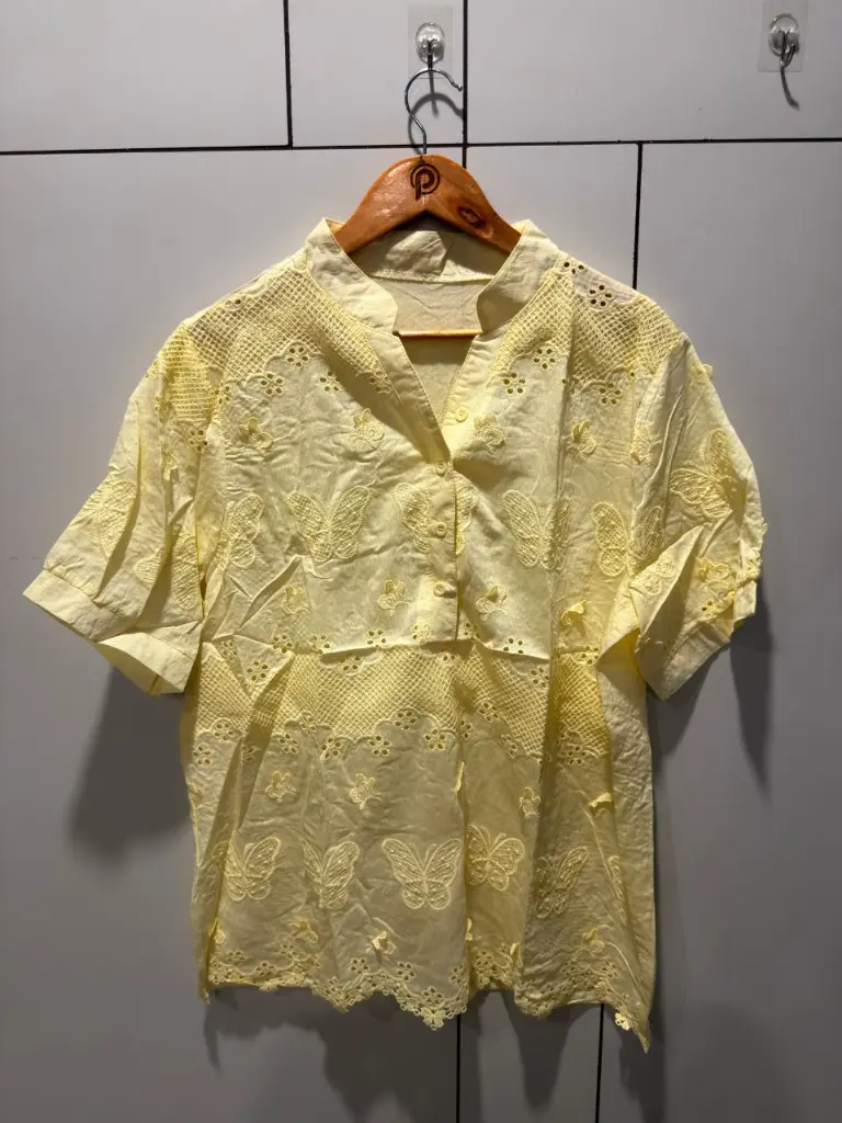 Pastel Yellow Butterfly Schiffli Embroidered Free Size Long Linen Top