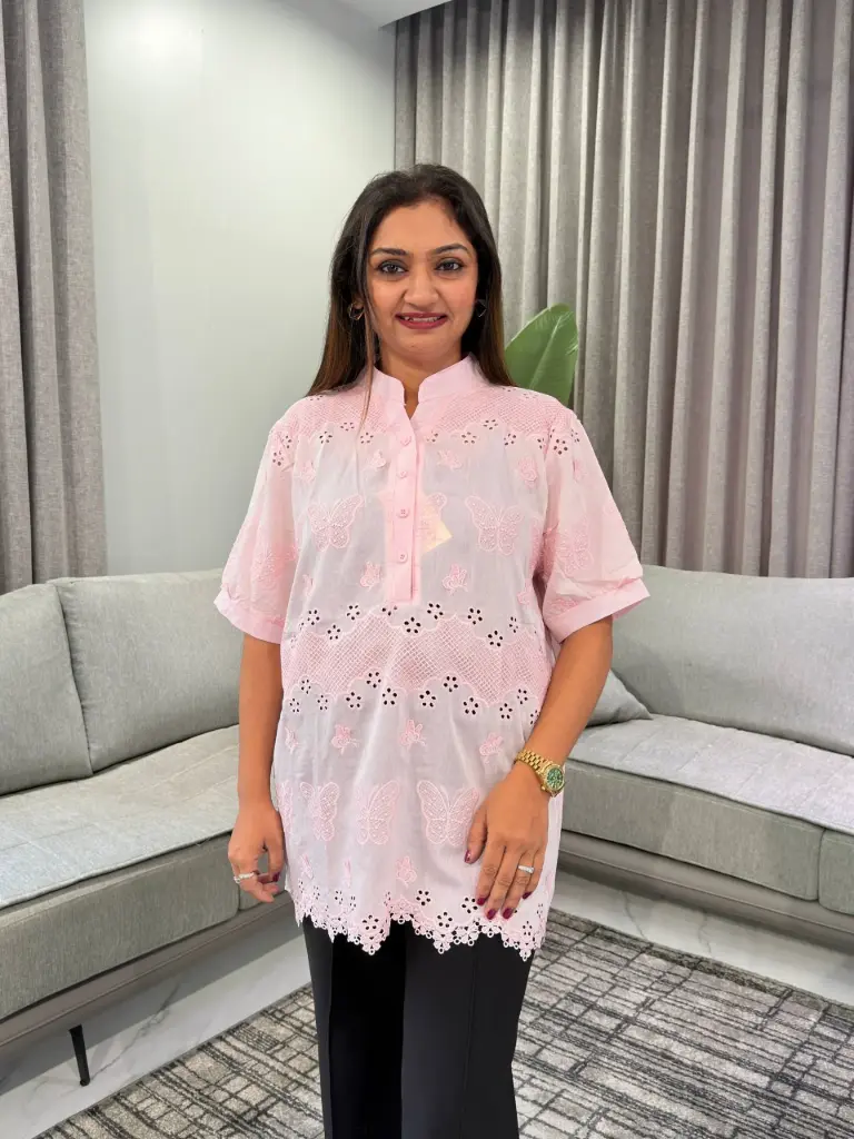 Baby Pink Butterfly Schiffli Embroidered Free Size Long Linen Top