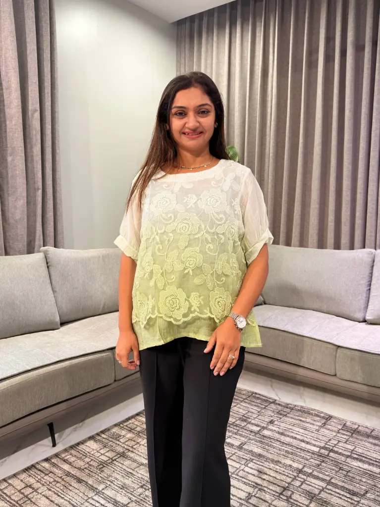 Ombre Olive Green Floral Embroidered Free Size Linen Top
