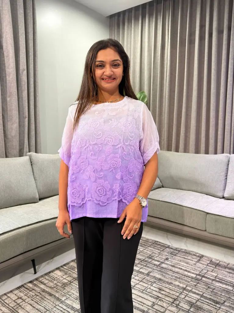 Ombre Lavender Purple Floral Embroidered Free Size Linen Top
