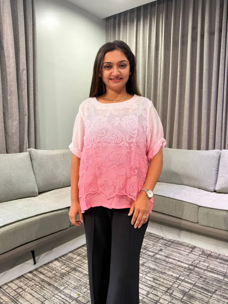 Ombre Pink Floral Embroidered Free Size Linen Top