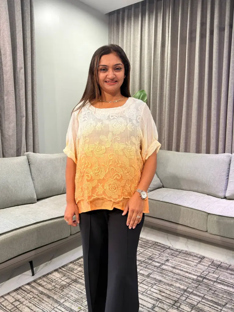 Ombre Orange Floral Embroidered Free Size Linen Top