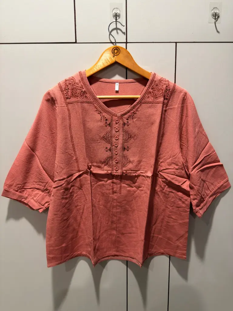 Terracotta Pink Embroidered Yoke Imported Linen Top