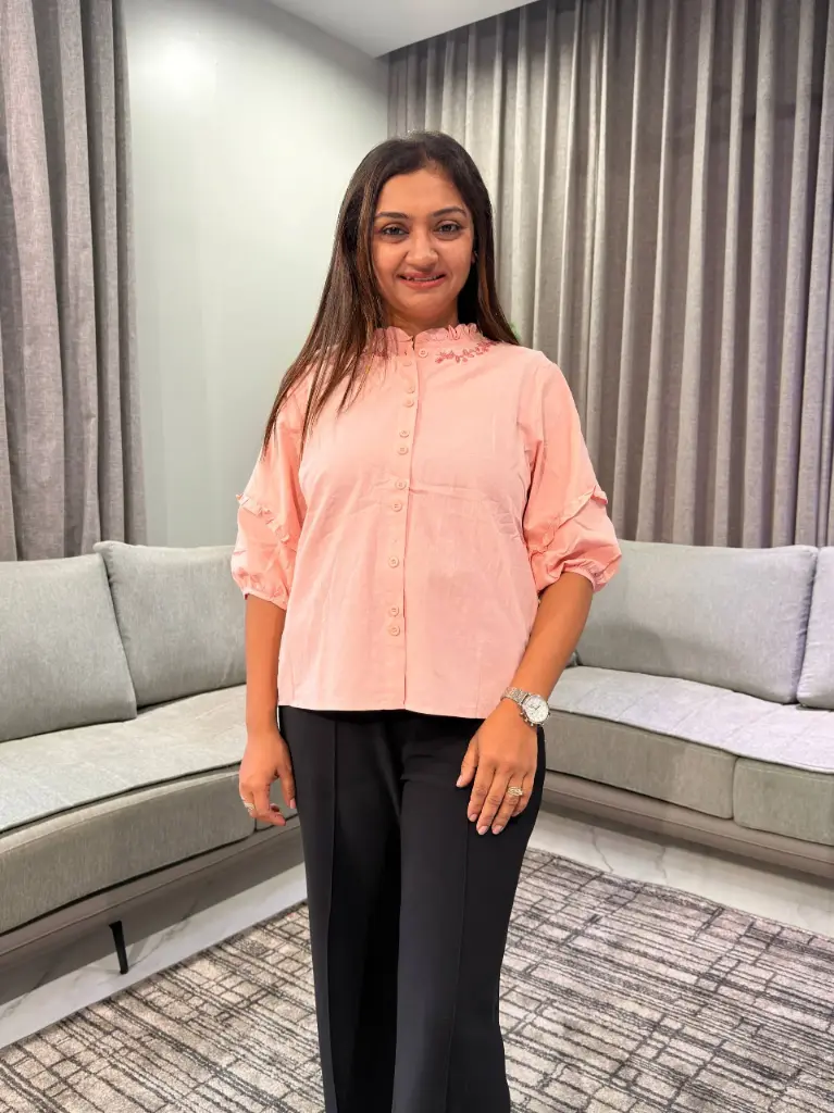 Peach Coral Ruffle Collar Embroidered Free Size Linen Shirt Top