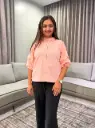 Peach Coral Ruffle Collar Embroidered Free Size Linen Shirt Top