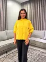 Mustard Yellow Ruffle Collar Embroidered Free Size Linen Shirt Top