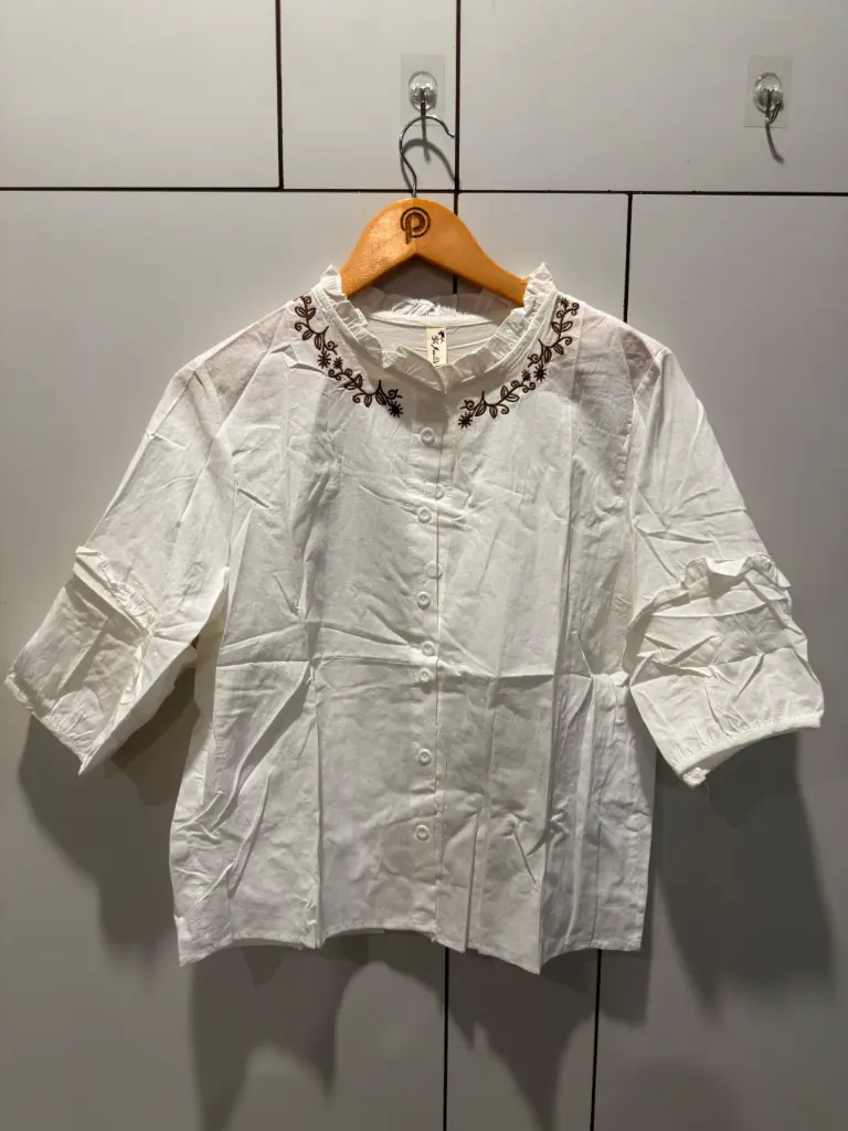Off-White Ruffle Collar Embroidered Free Size Linen Shirt Top