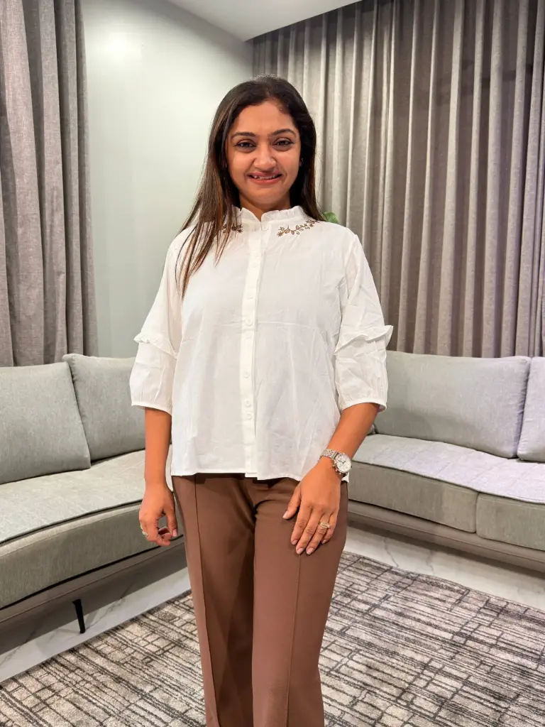 Off-White Ruffle Collar Embroidered Free Size Linen Shirt Top