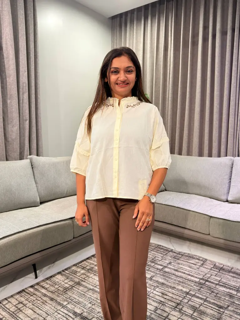 Pastel Yellow Ruffle Collar Embroidered Free Size Linen Shirt Top