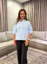 Sky Blue Ruffle Collar Embroidered Free Size Linen Shirt Top