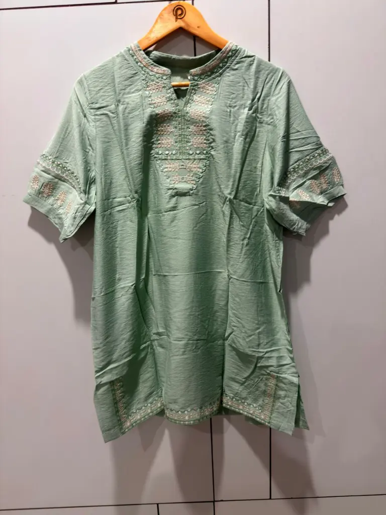 Sage Green Embroidered Neck Long Linen Tunic Top