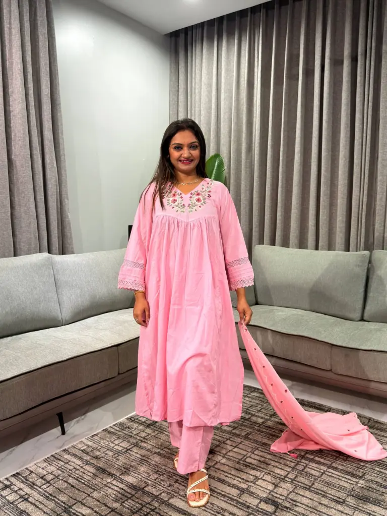 Baby Pink Floral Embroidered Mull Cotton Kurta Set with Dupatta