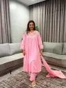 Baby Pink Floral Embroidered Mull Cotton Kurta Set with Dupatta