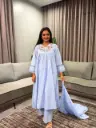 Powder Blue Floral Embroidered Mull Cotton Kurta Set with Dupatta