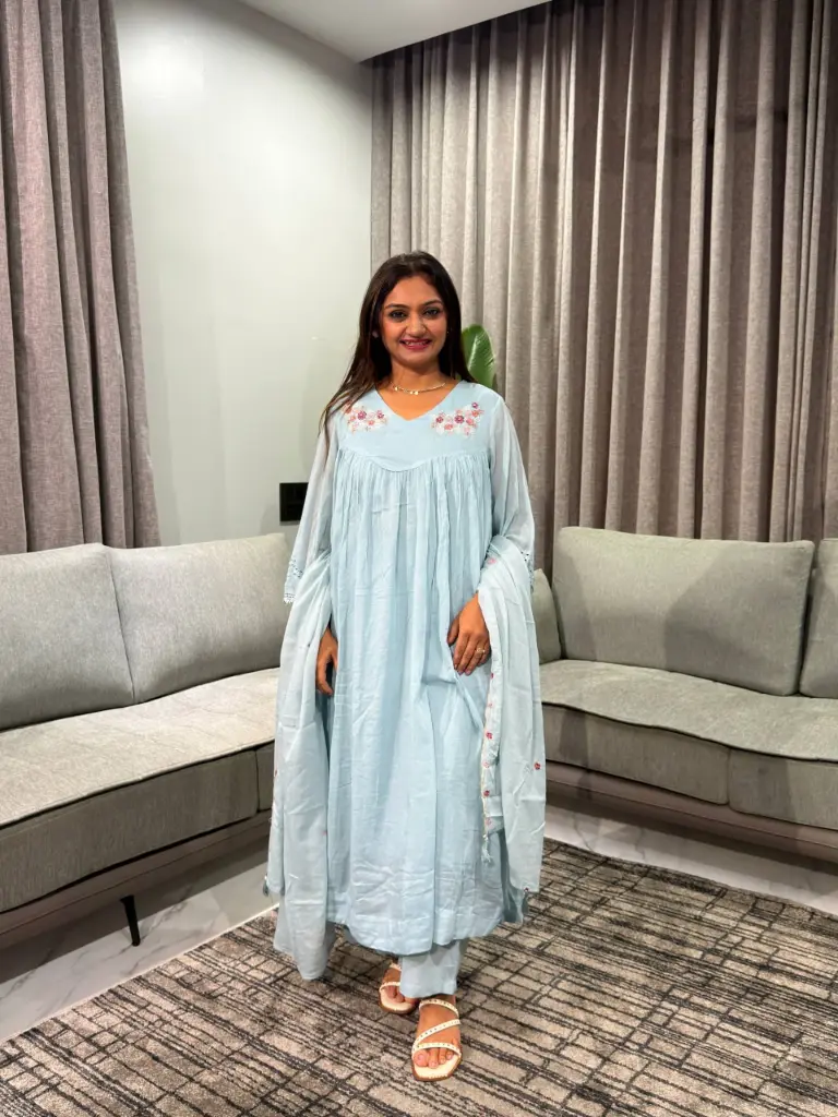 Sea Green Floral Embroidered Mull Cotton Kurta Set with Dupatta