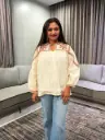 Off-White Embroidered Yoke Soft Jacquard Cotton Top