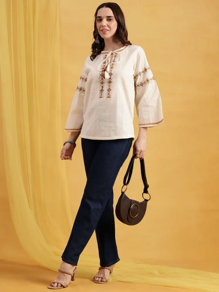 Off-White Tassel Tie-Neck Embroidered Jacquard Cotton Top