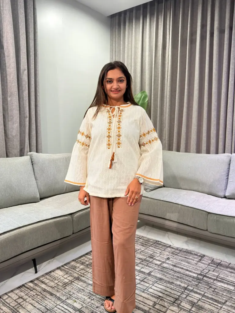 Off-White Tassel Tie-Neck Embroidered Jacquard Cotton Top