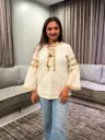 Off-White Tassel Tie-Neck Embroidered Jacquard Cotton Top