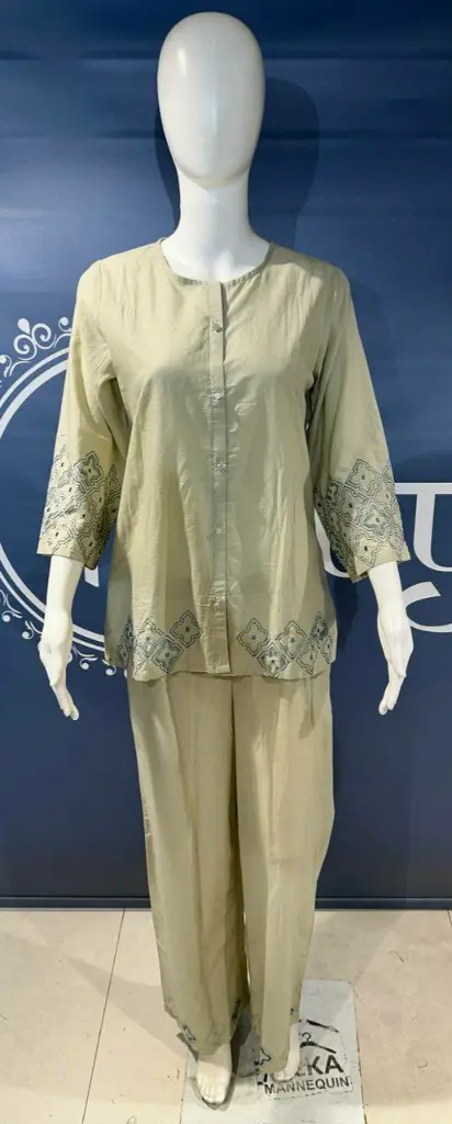 Sage Green Embroidered Border Soft Cotton Co-ord Set