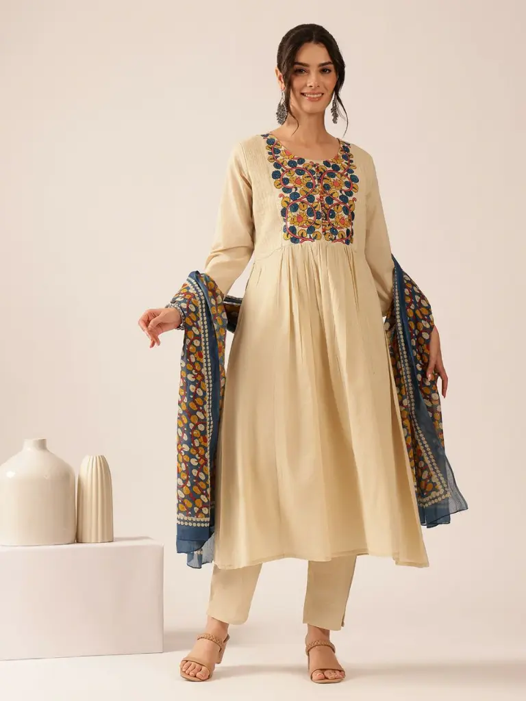 Beige Floral Embroidered Soft Cotton Kurta Set with Dupatta