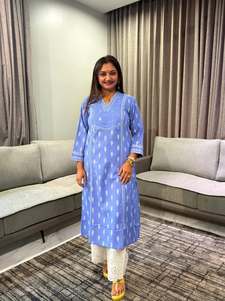 Indigo Blue Leaf Printed Cotton Kurta with Chikankari Palazzo Set