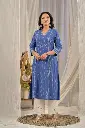 Indigo Blue Leaf Printed Cotton Kurta with Chikankari Palazzo Set